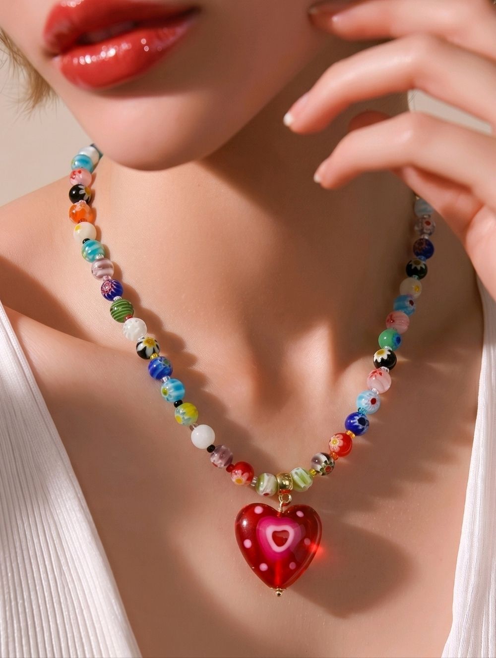 Red Glass Heart Beaded Necklace Coquette Y2K Floral Pendant Cute Jewelry Gift